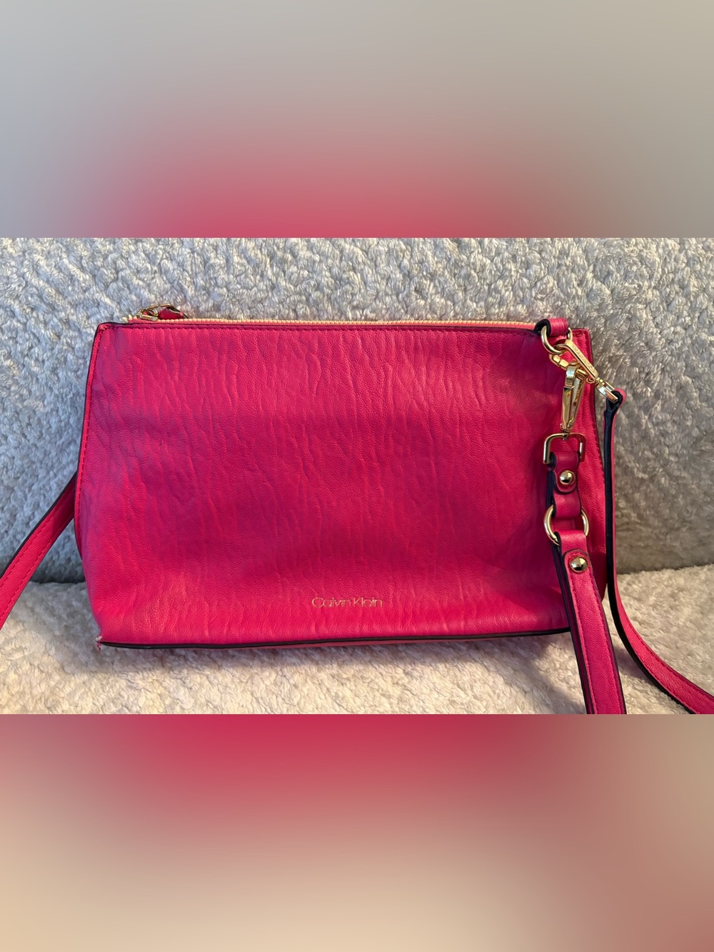 Calvin Klein Bright Pink Leather Zip Wristlet Clutch